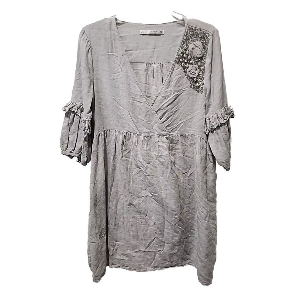 ZARA Embroidered Beaded Puff Sleeve Dress ,Large, Front Hidden Pockets